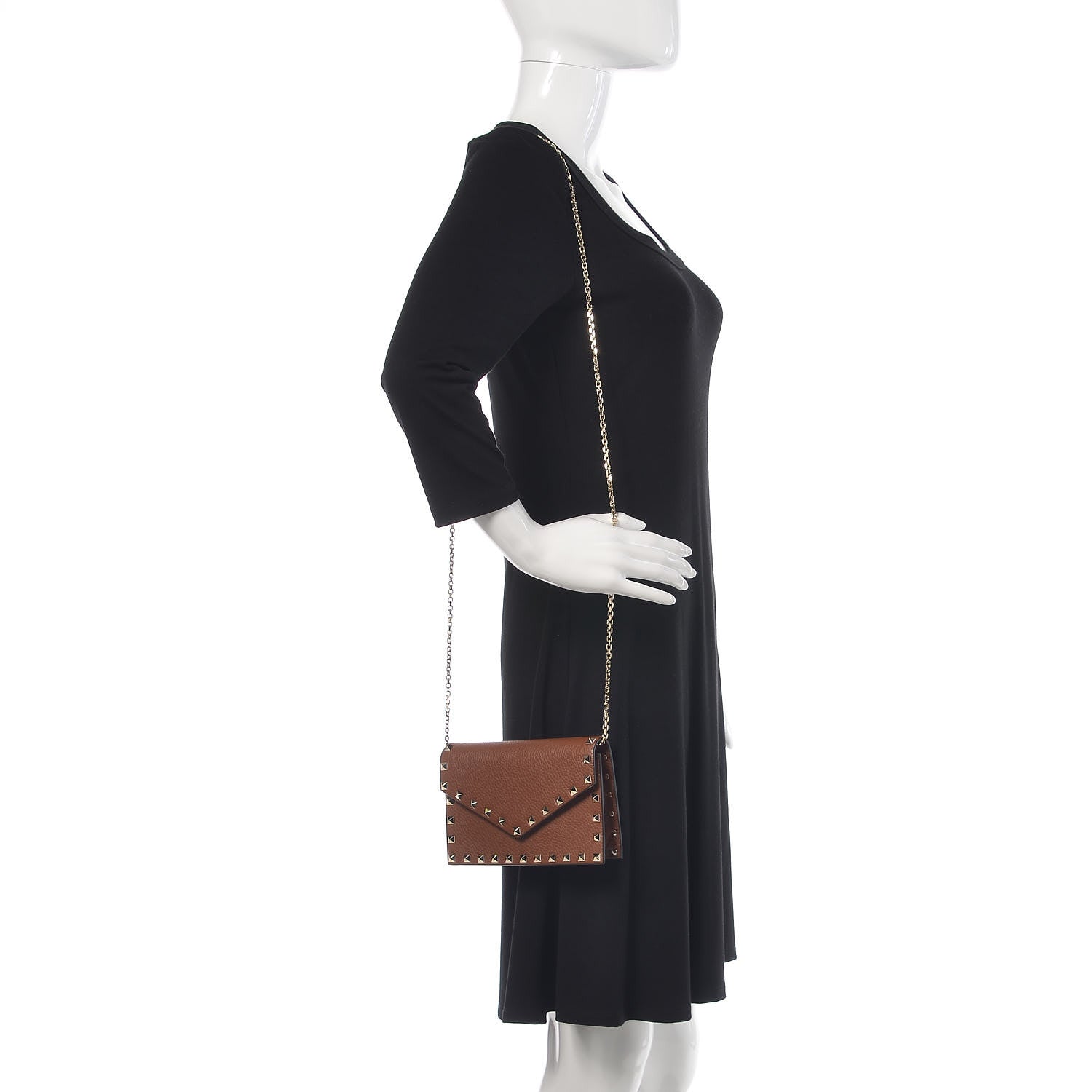 Valentino Garavani Pebbled Calfskin Rockstud Envelope Wallet on Chain Bright Cognac 2 of 10