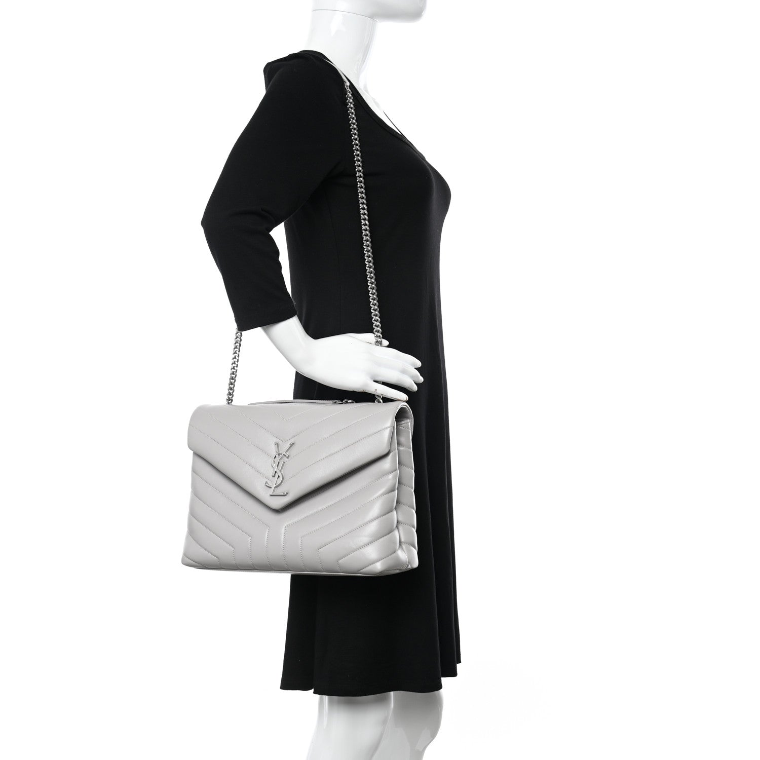 Saint Laurent Calfskin Y Quilted Monogram Medium Loulou Chain Satchel Light Gray 2 of 12