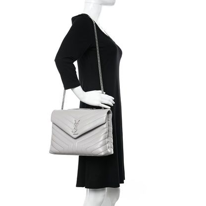 Saint Laurent Calfskin Y Quilted Monogram Medium Loulou Chain Satchel Light Gray 2 of 12
