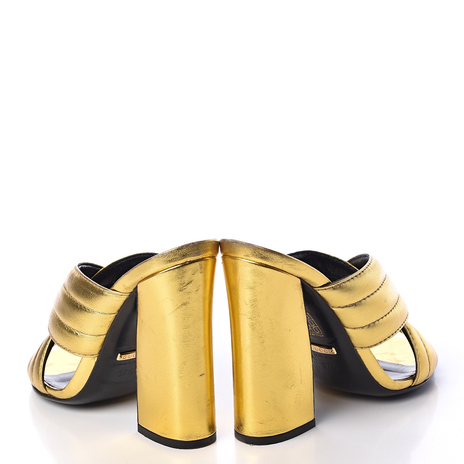 Gucci Metallic Nappa Webby Crossover High Heel Slide Sandals 37.5 Oro Vecchio 6 of 18