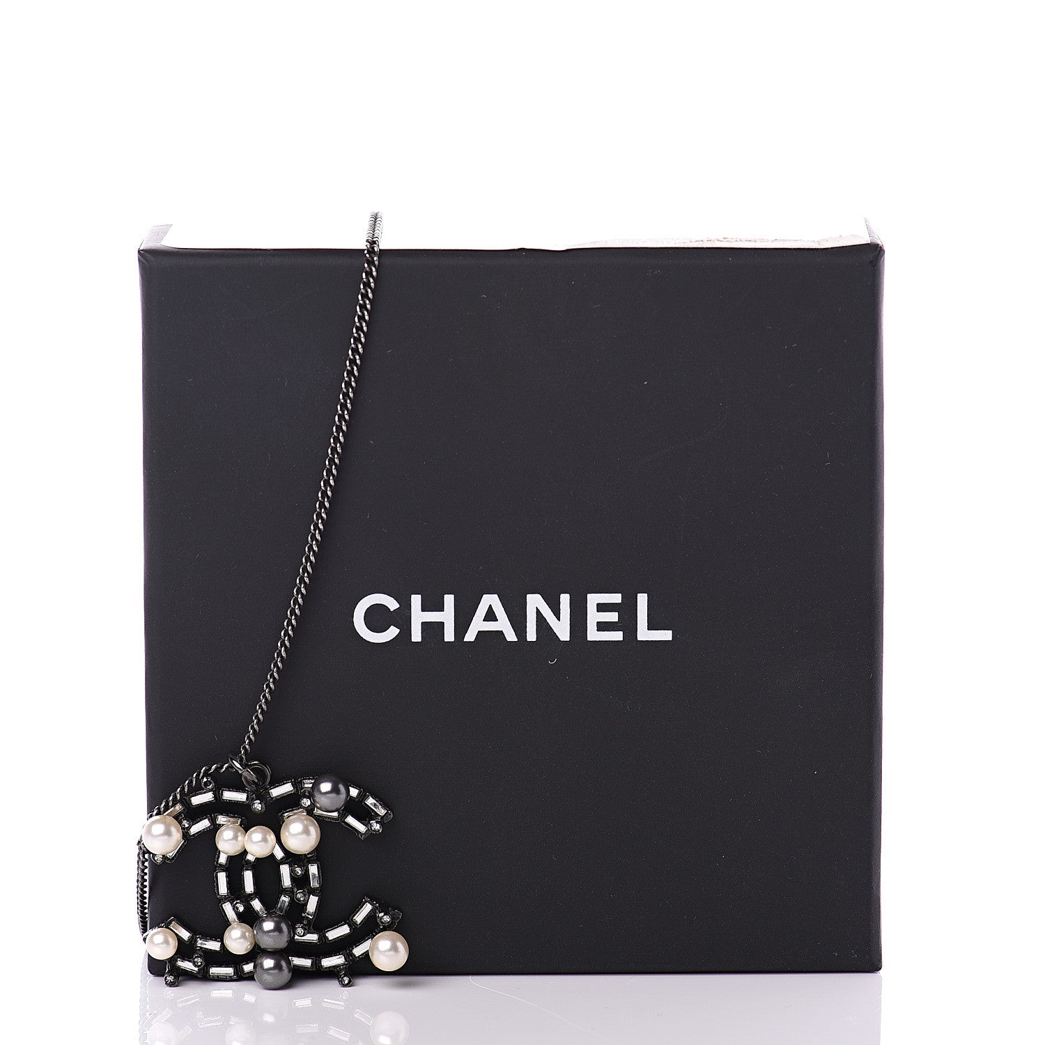 Chanel Pearl Crystal Beaded CC Necklace Silver 5 of 5