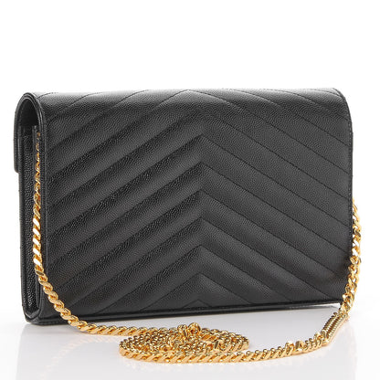 Saint Laurent Grain De Poudre Matelasse Chevron Monogram Chain Wallet Black 3 of 8