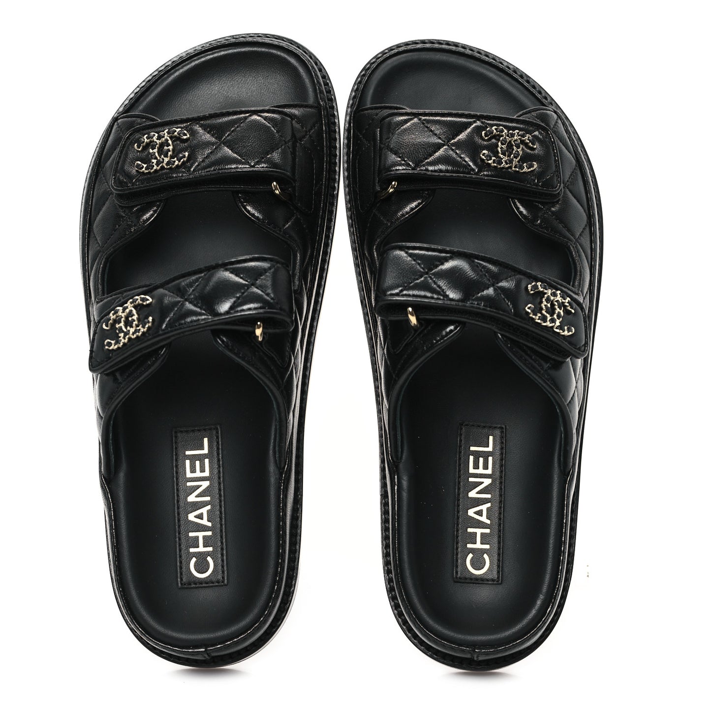 Lambskin Quilted Velcro Dad Chain CC Slide Sandals 37 Black