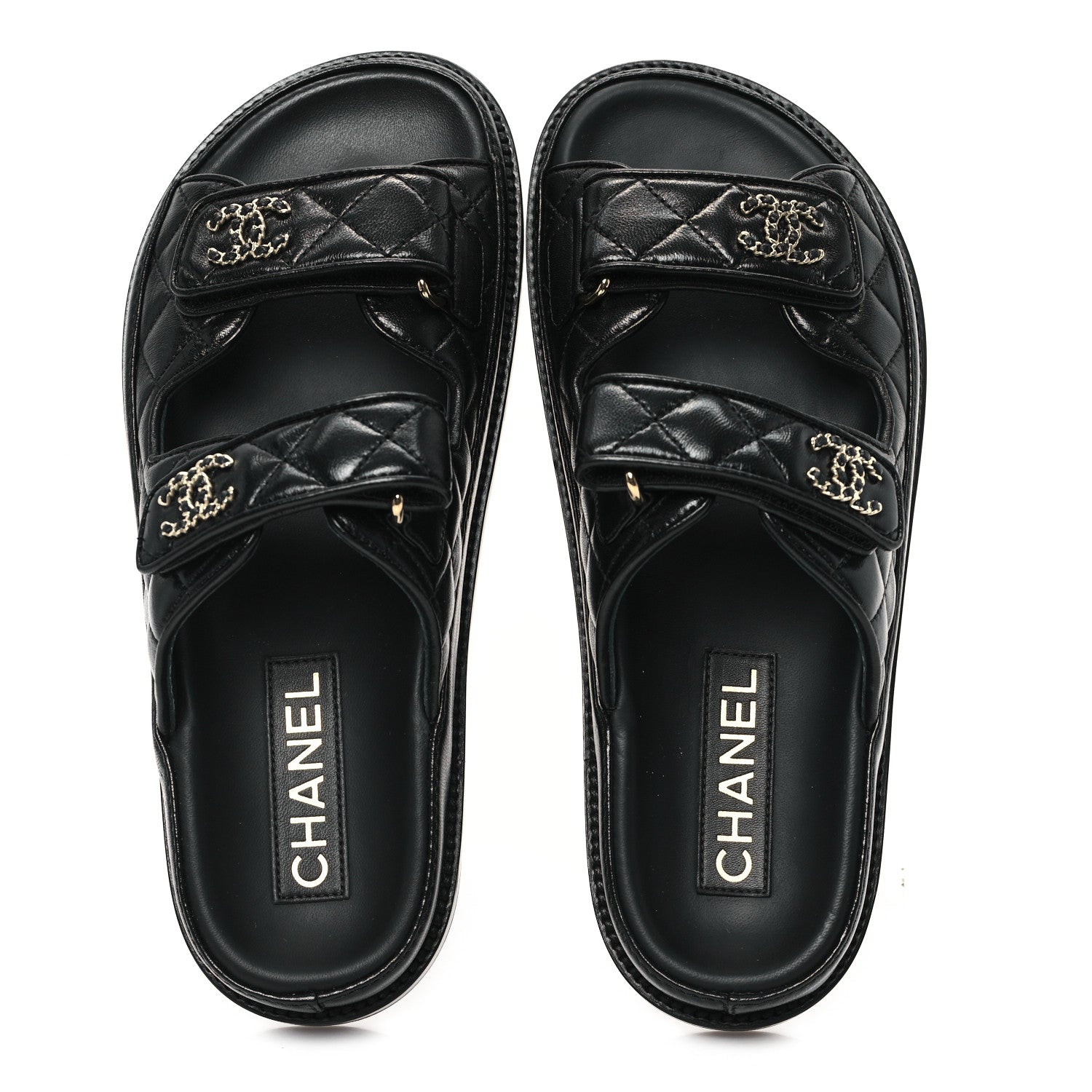 Chanel Lambskin Quilted Velcro Dad Chain CC Slide Sandals 37 Black 2 of 10