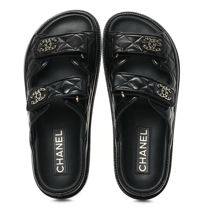 Chanel Lambskin Quilted Velcro Dad Chain CC Slide Sandals 37 Black 2 of 10