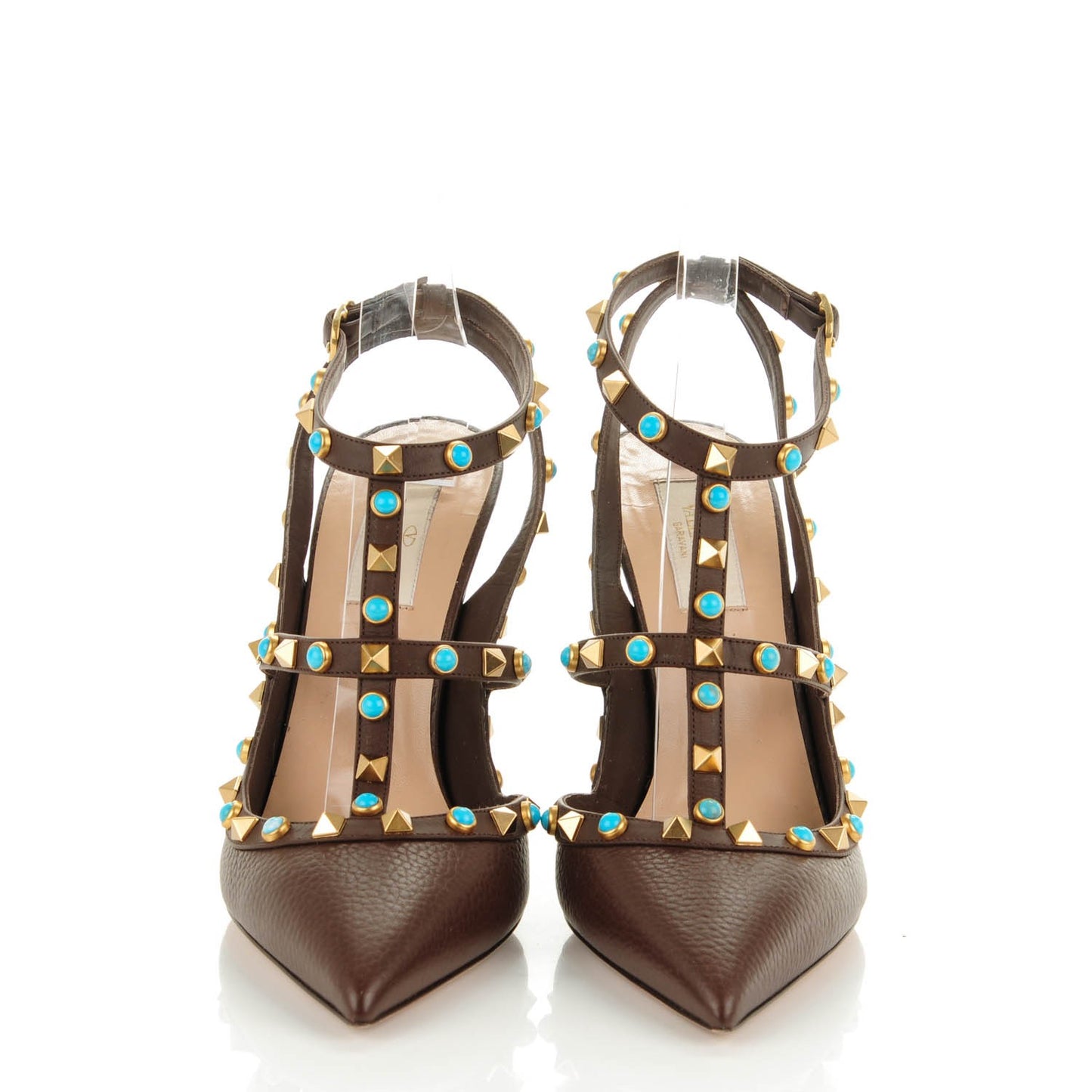 Pebbled Calfskin Turquoise Rockstud Rolling Ankle Strap 100mm Pumps 40 Cacao