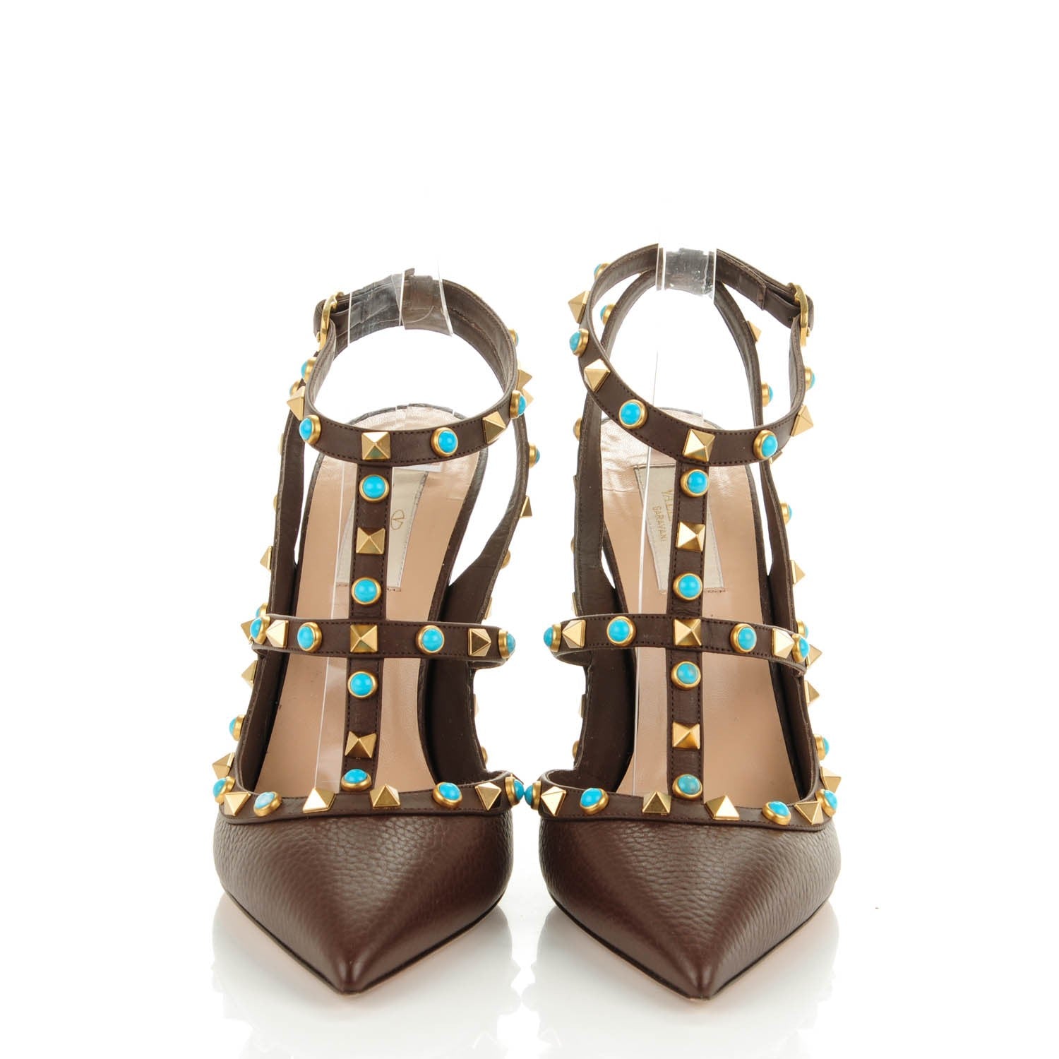 Valentino Garavani Pebbled Calfskin Turquoise Rockstud Rolling Ankle Strap 100mm Pumps 40 Cacao 2 of 8