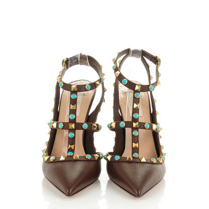 Valentino Garavani Pebbled Calfskin Turquoise Rockstud Rolling Ankle Strap 100mm Pumps 40 Cacao 2 of 8