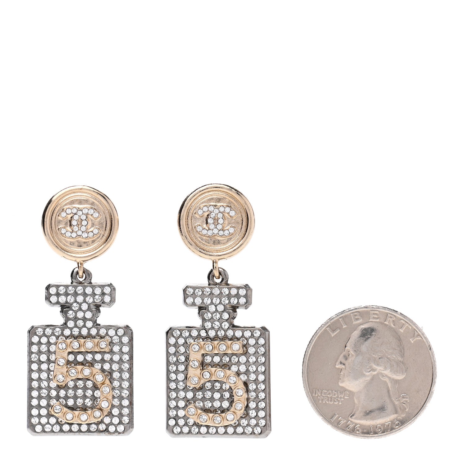 Chanel Crystal CC No 5 Perfume Bottle Drop Earrings Gold Silver 2 of 5
