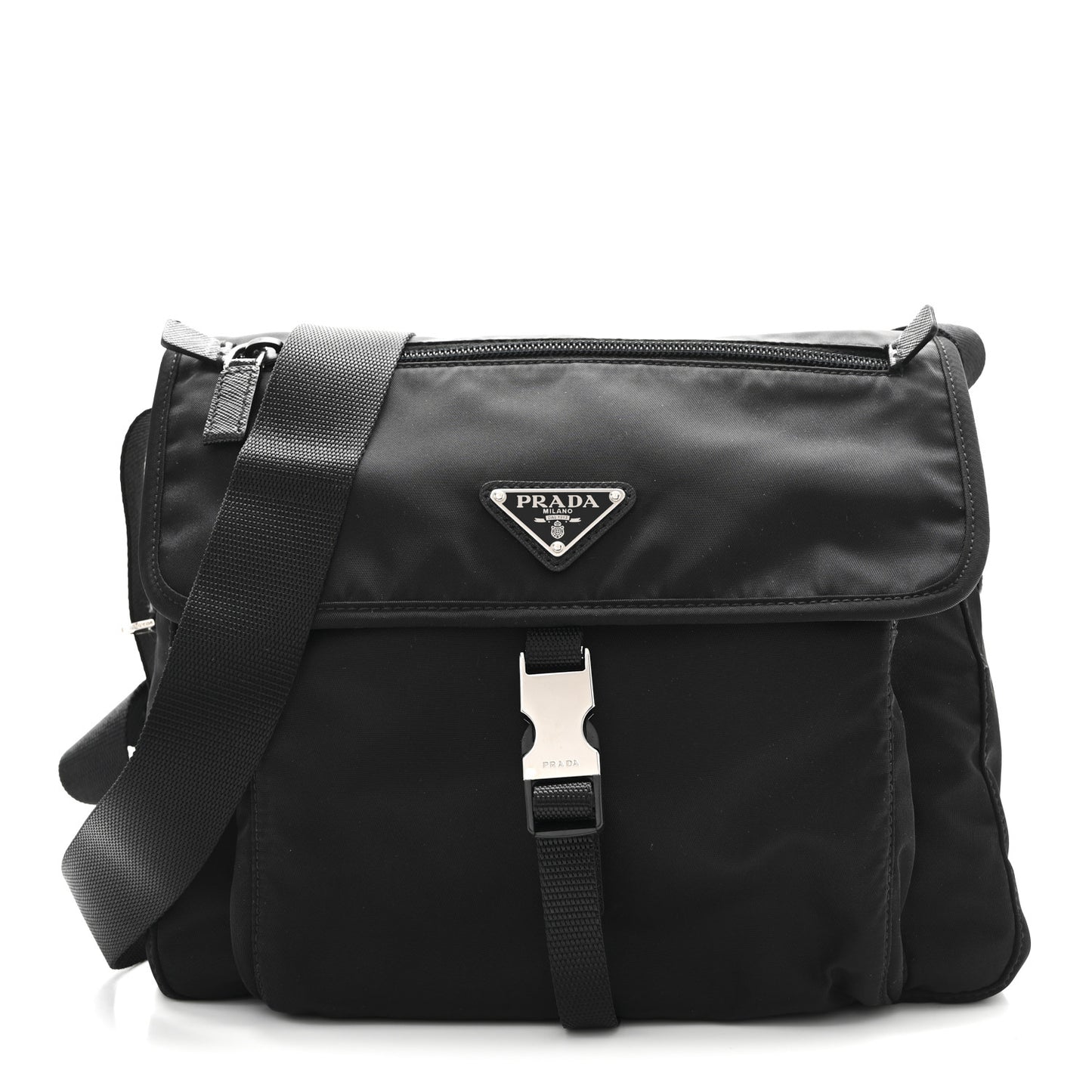 Nylon Vela Saffiano Single Buckle Messenger Shoulder Bag Black