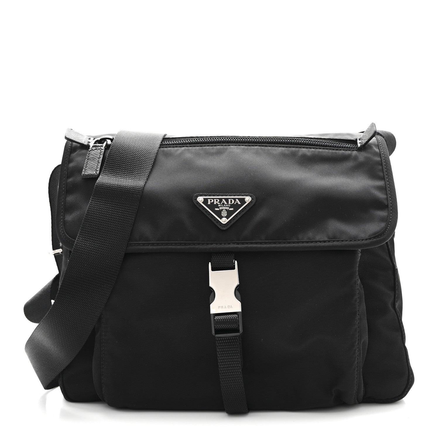 Prada Nylon Vela Saffiano Single Buckle Messenger Shoulder Bag Black 1 of 12