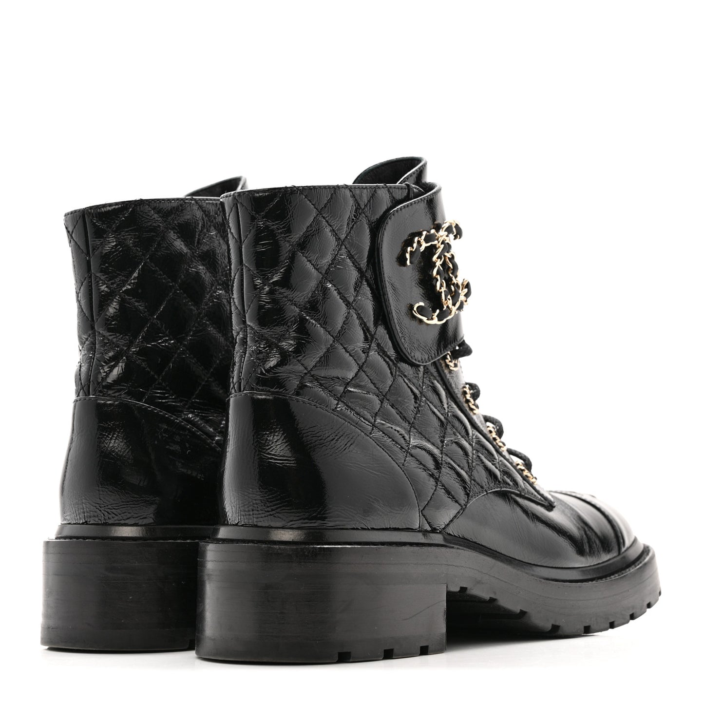 Shiny Calfskin Quilted Lace Up Combat Boots 39 Black