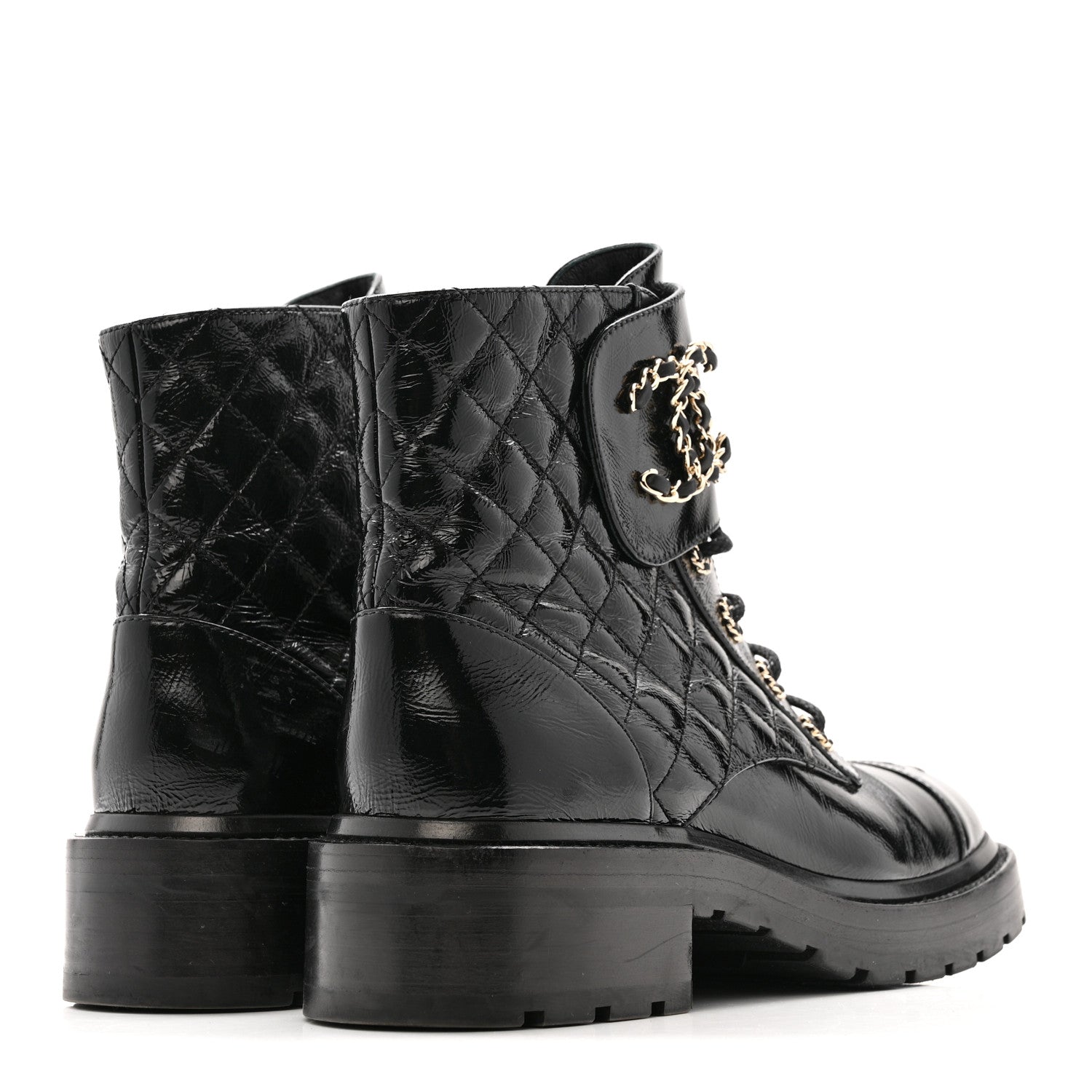 Chanel Shiny Calfskin Quilted Lace Up Combat Boots 39 Black 5 of 9