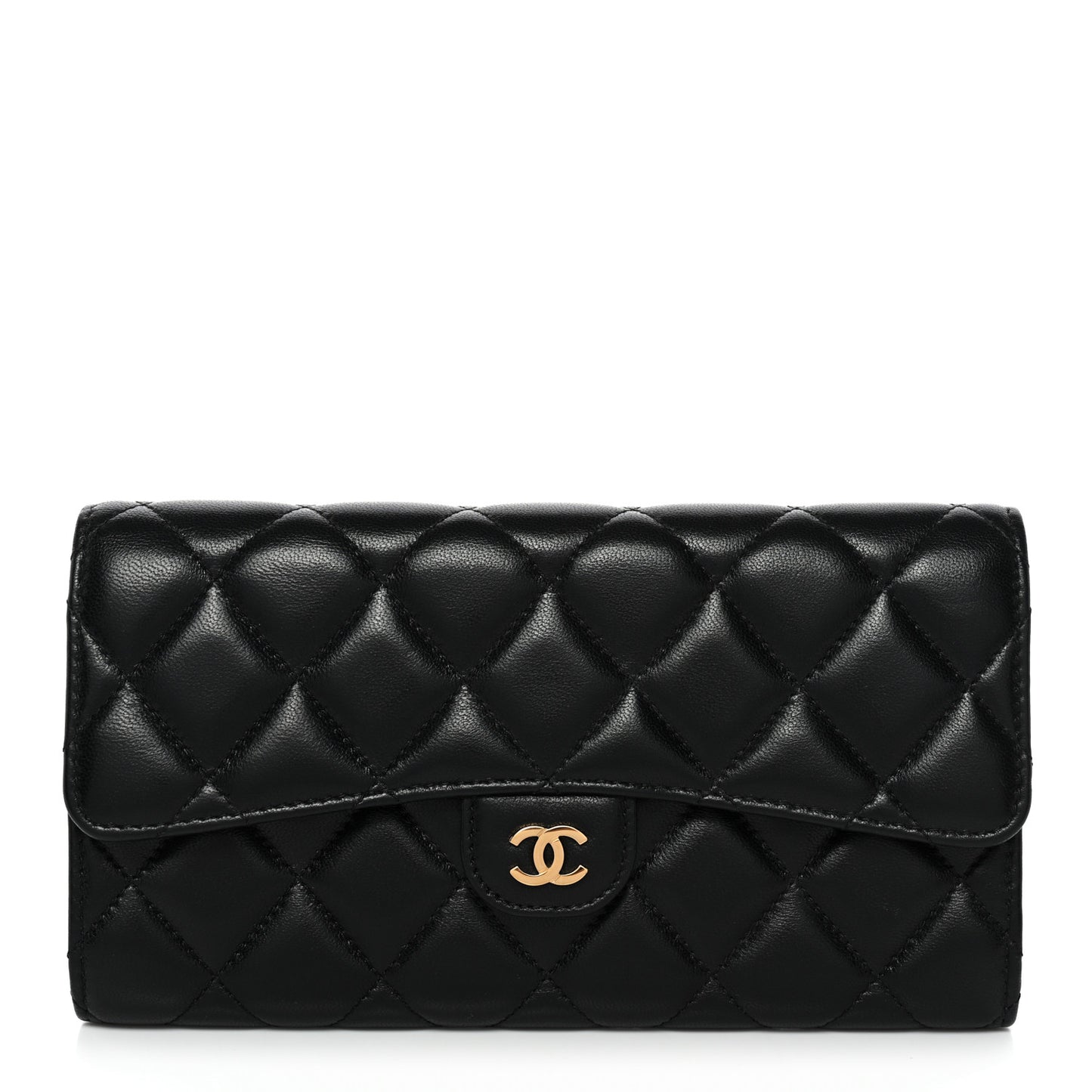 Lambskin Quilted Large Gusset Flap Wallet Black