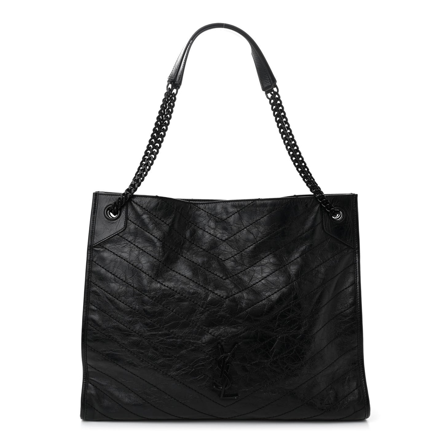 Crinkled Calfskin Matelasse Monogram Large Niki Shopper Tote Black