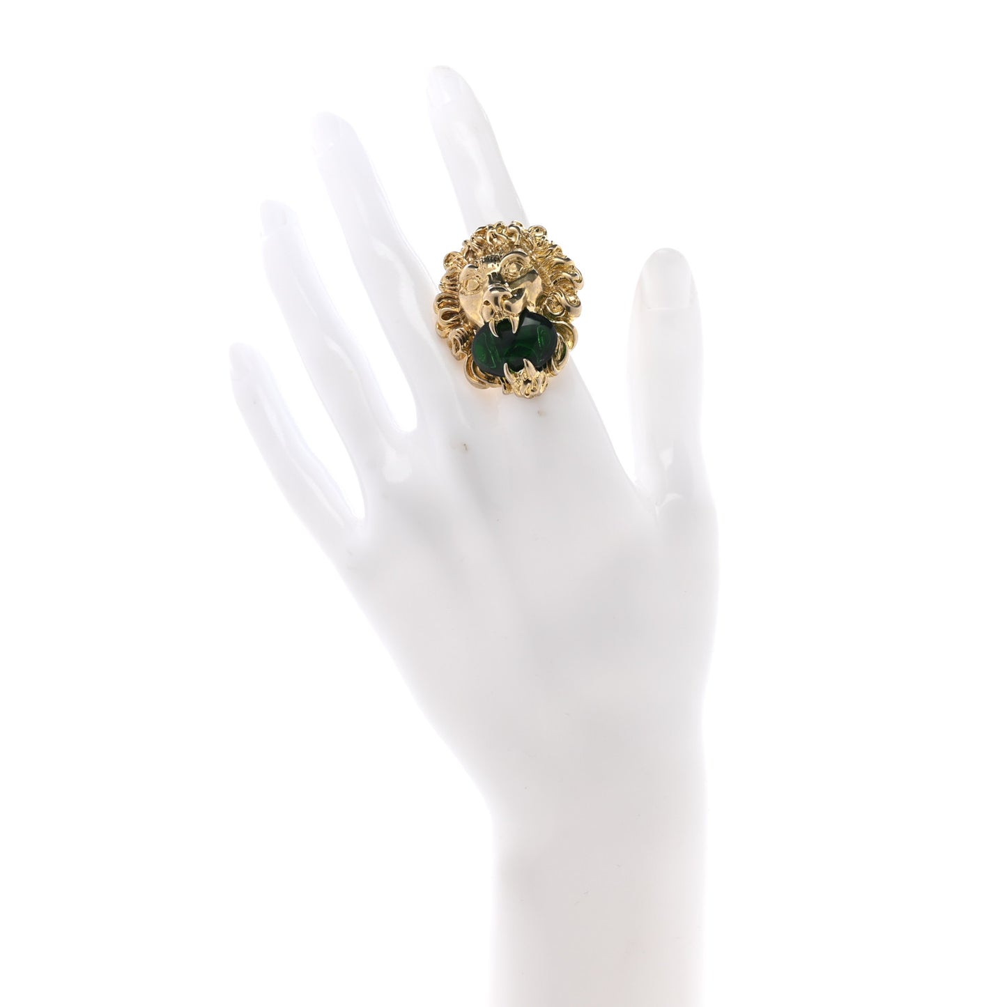 Metal Crystal Lion Head Ring 6.75 Green Aged Gold
