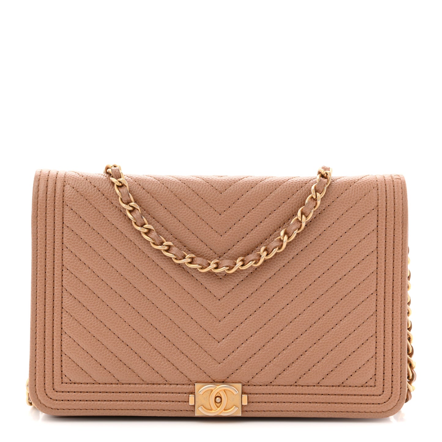 Caviar Chevron Quilted Boy Wallet On Chain WOC Dark Beige