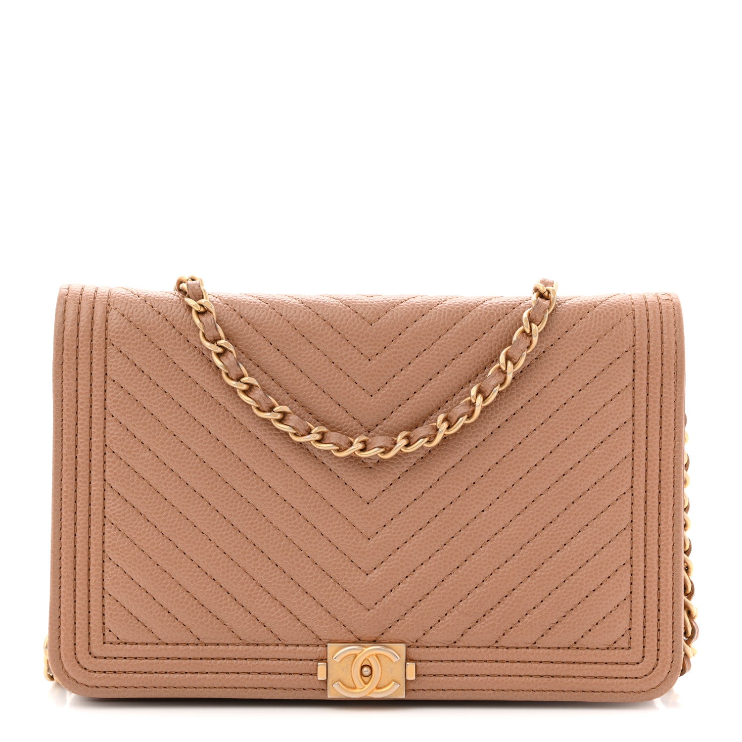 Chanel Caviar Chevron Quilted Boy Wallet On Chain WOC Dark Beige 1 of 12
