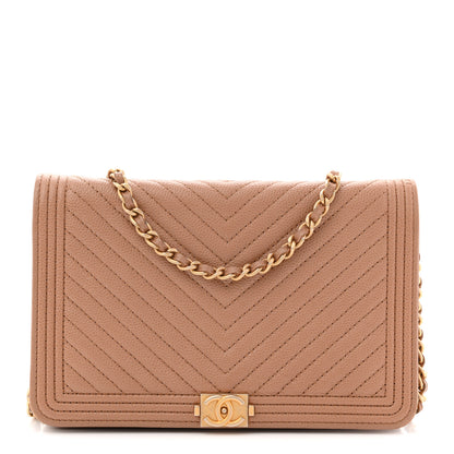 Chanel Caviar Chevron Quilted Boy Wallet On Chain WOC Dark Beige 1 of 12