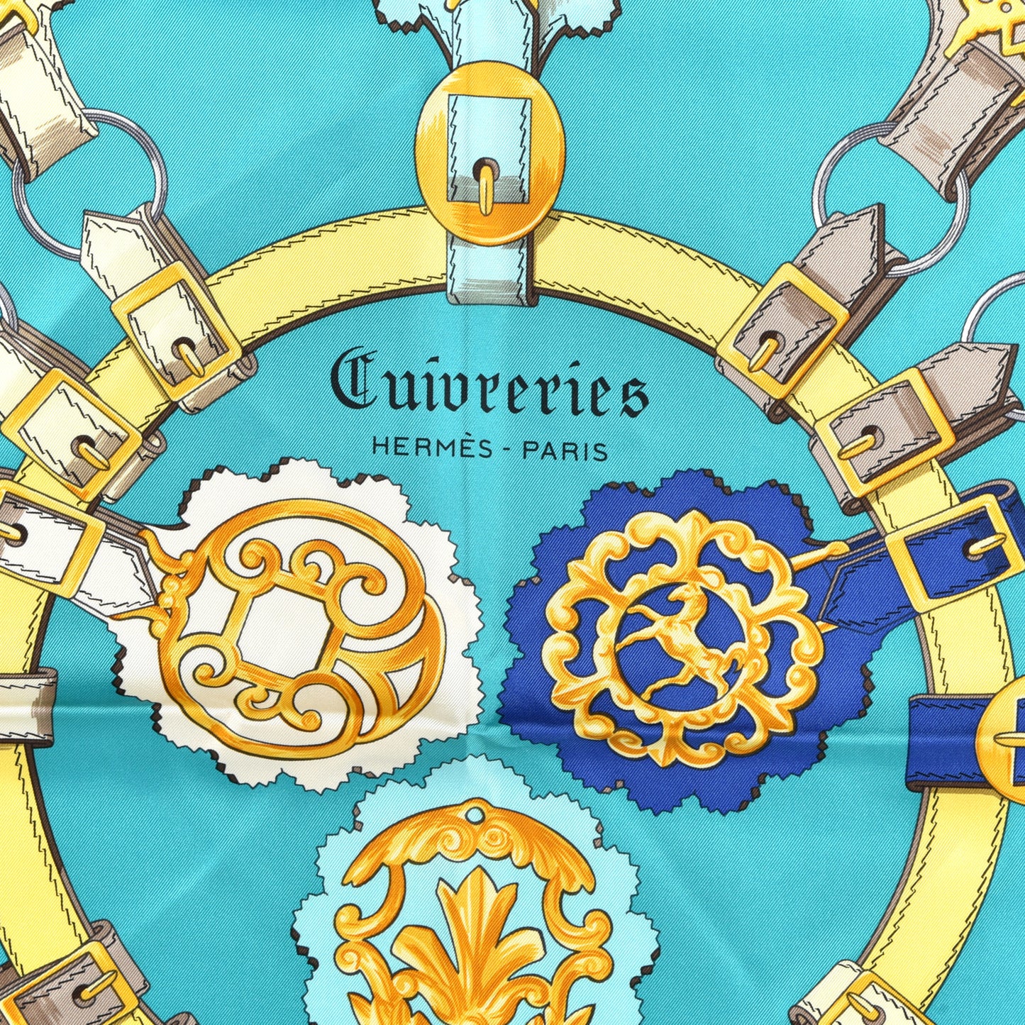 Silk Cuivreries Scarf 90 Turquoise Fonce Cobalt Jaune