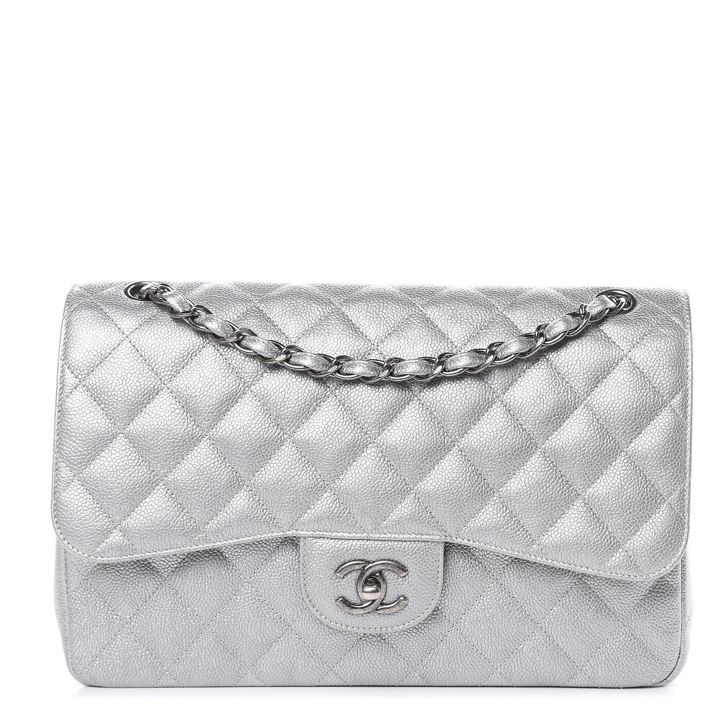 Metallic Caviar Quilted Jumbo Double Flap Silver