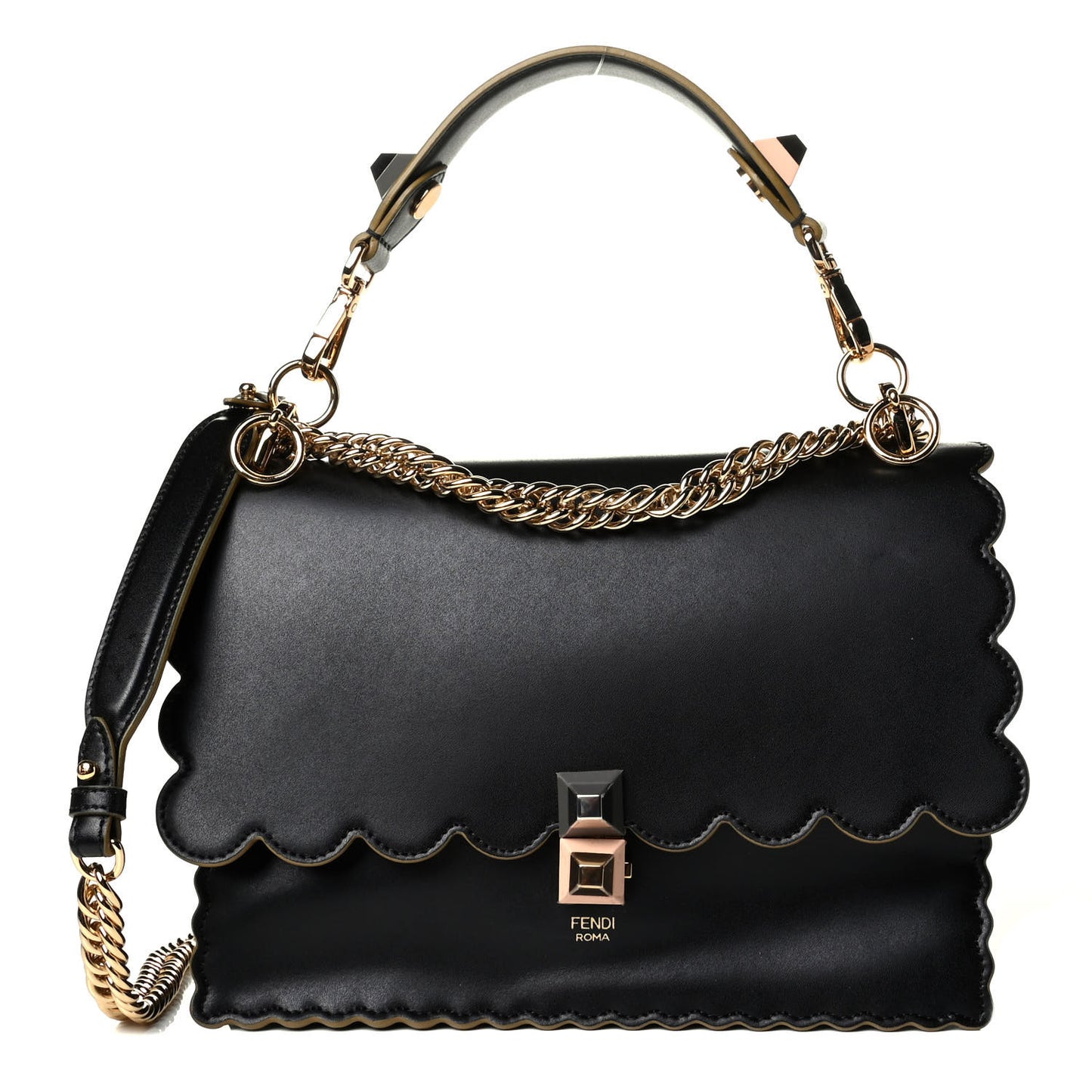 Vitello Liberty Scalloped Studded Kan I Shoulder Bag Black