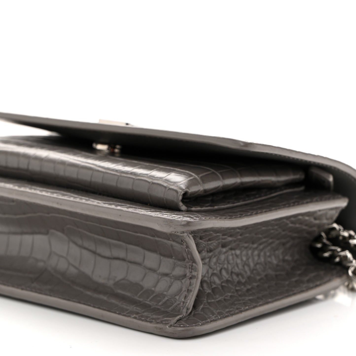 Calfskin Crocodile Embossed Monogram Sunset Chain Wallet Fog