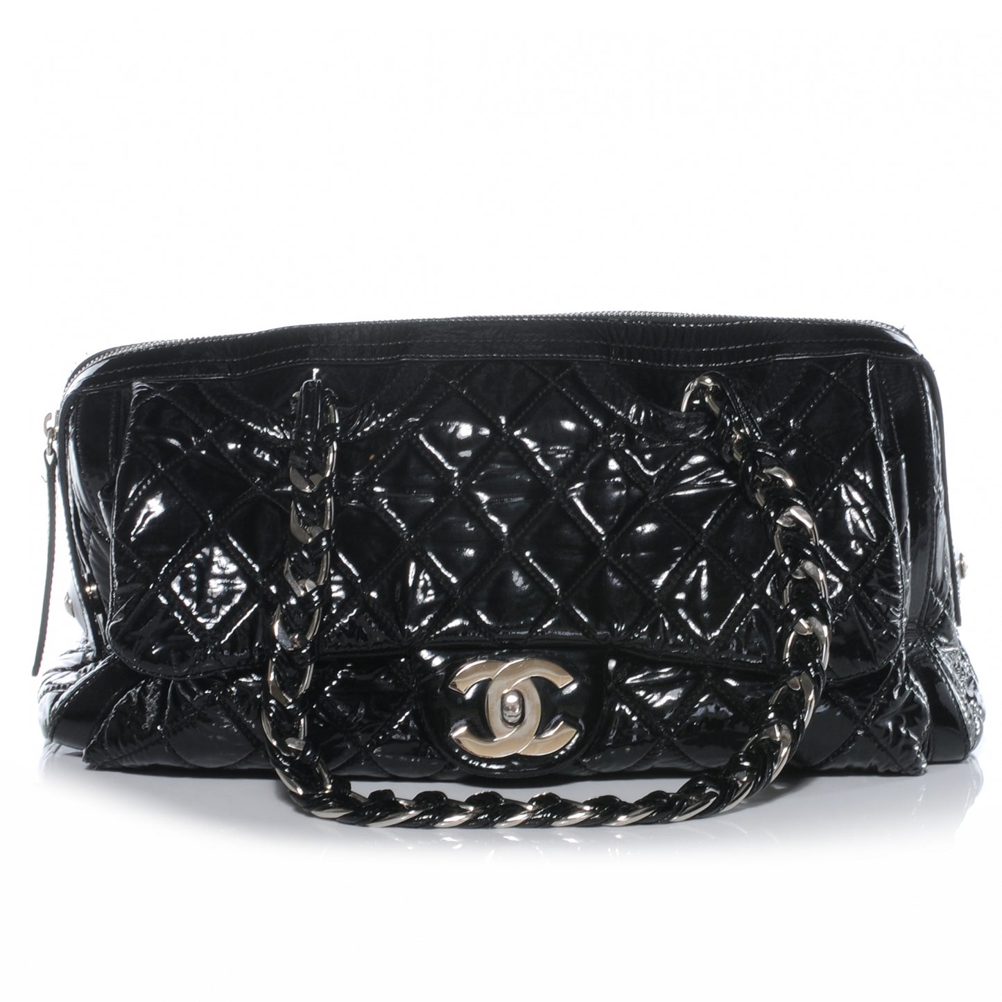 Patent Day Glo Flap Bag Black