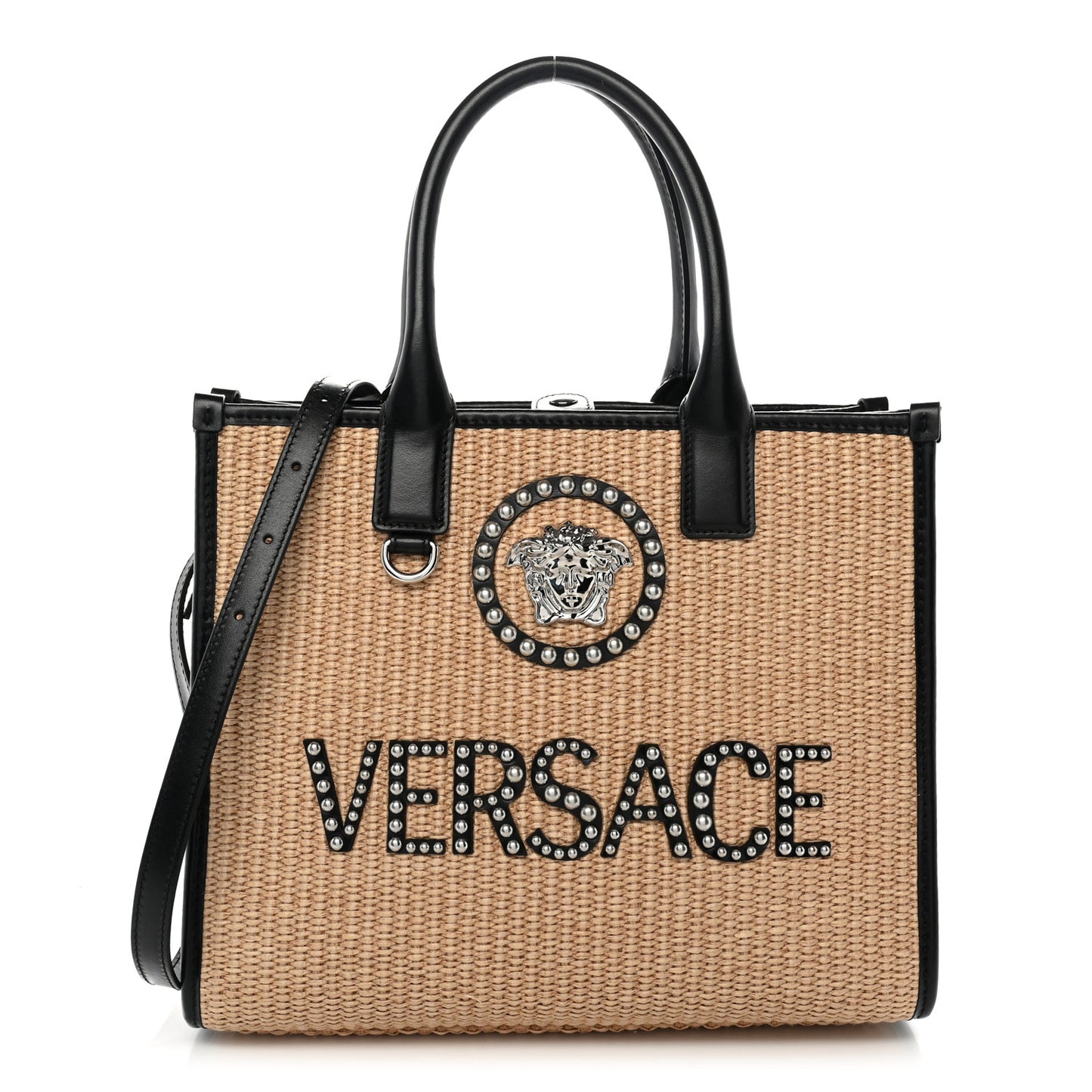 Raffia Studded La Medusa Tote Beige