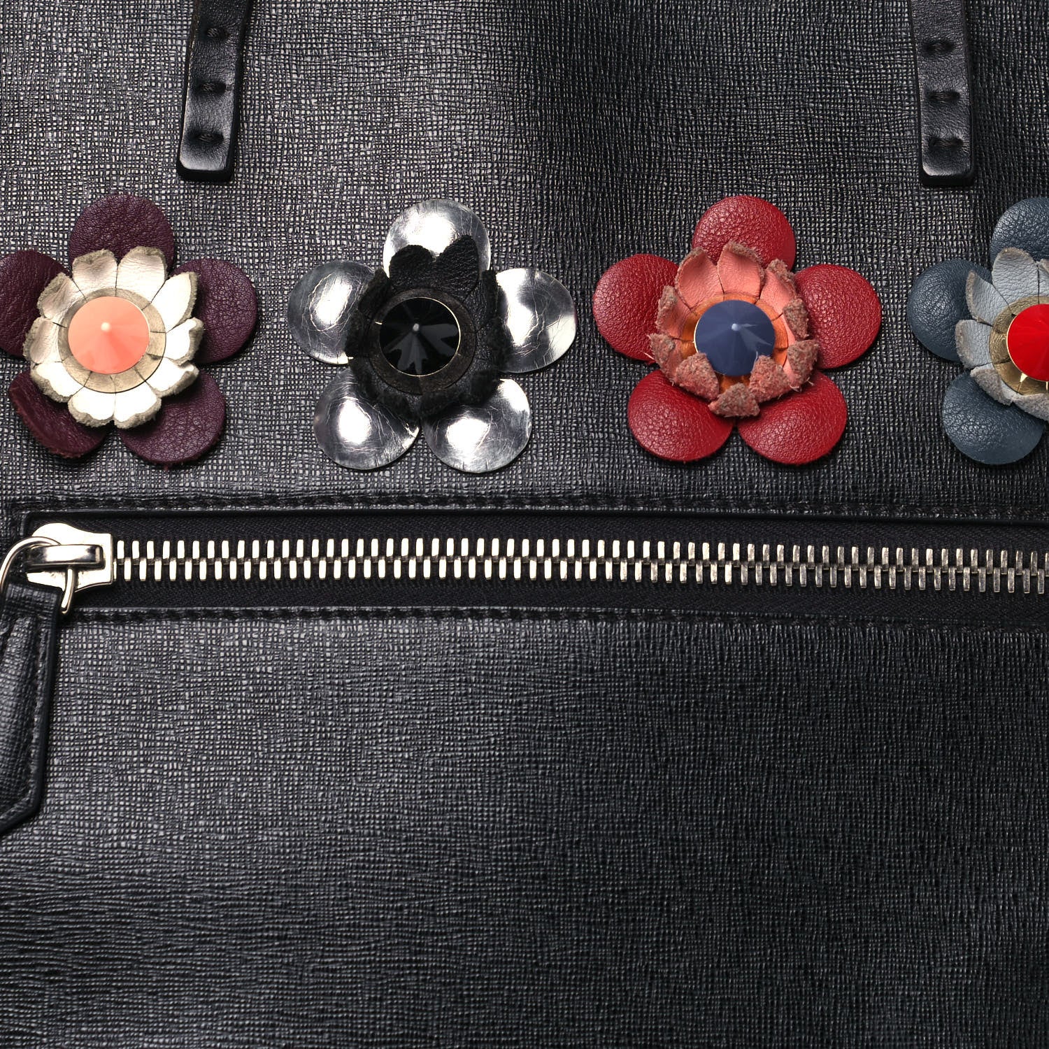 Fendi Vitello Elite Flowerland Medium Roll Tote Black 8 of 16