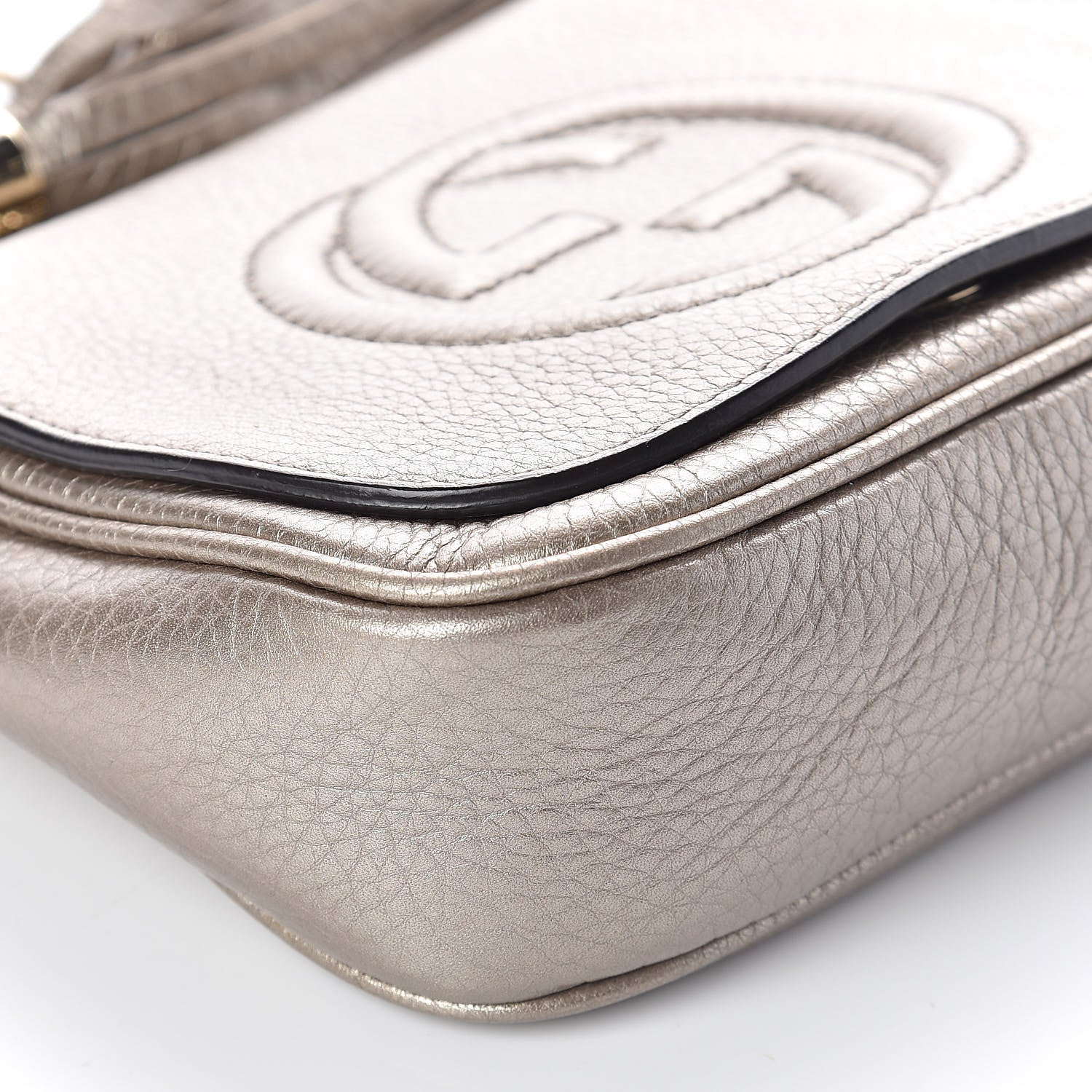 Gucci Metallic Pebbled Calfskin Small Soho Flap Crossbody Golden Beige 7 of 8