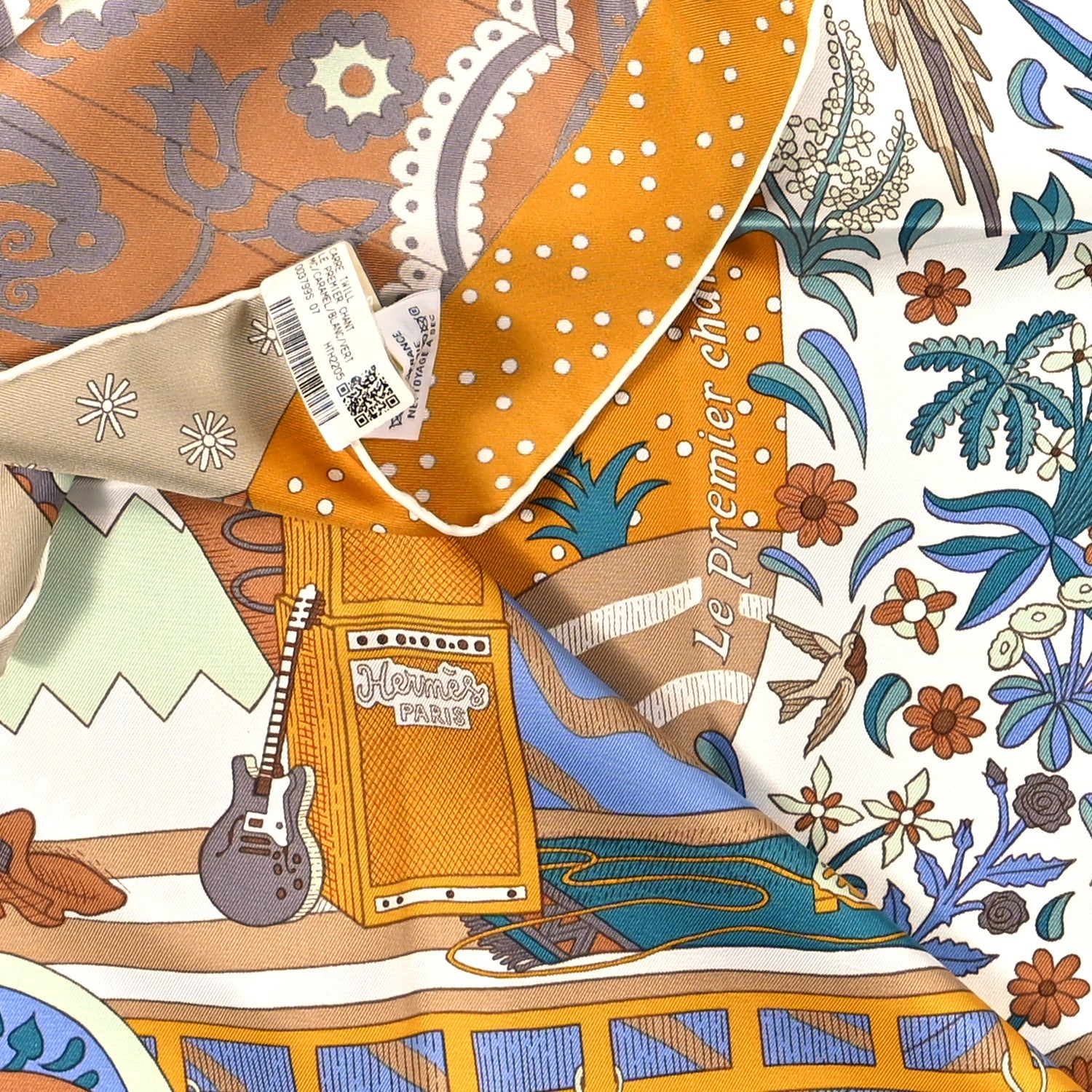 Hermes Silk Le Premier Chant Scarf 90 Caramel White Vert 3 of 3