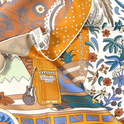 Hermes Silk Le Premier Chant Scarf 90 Caramel White Vert 3 of 3
