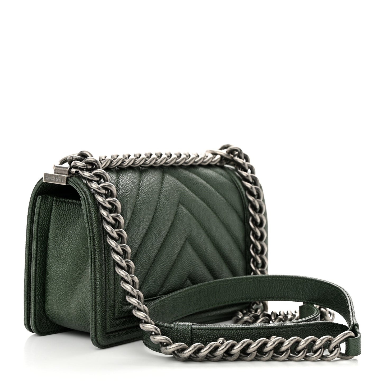 Caviar Chevron Quilted Small Boy Flap Green