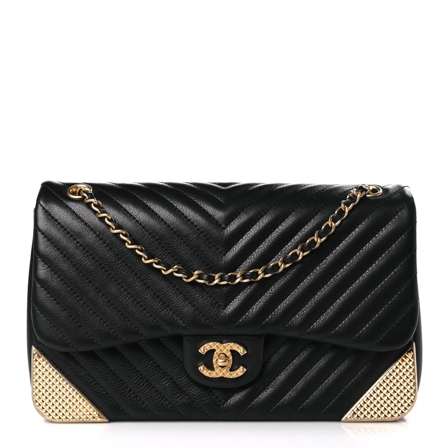Calfskin Chevron Quilted Rock The Corner Flap Black