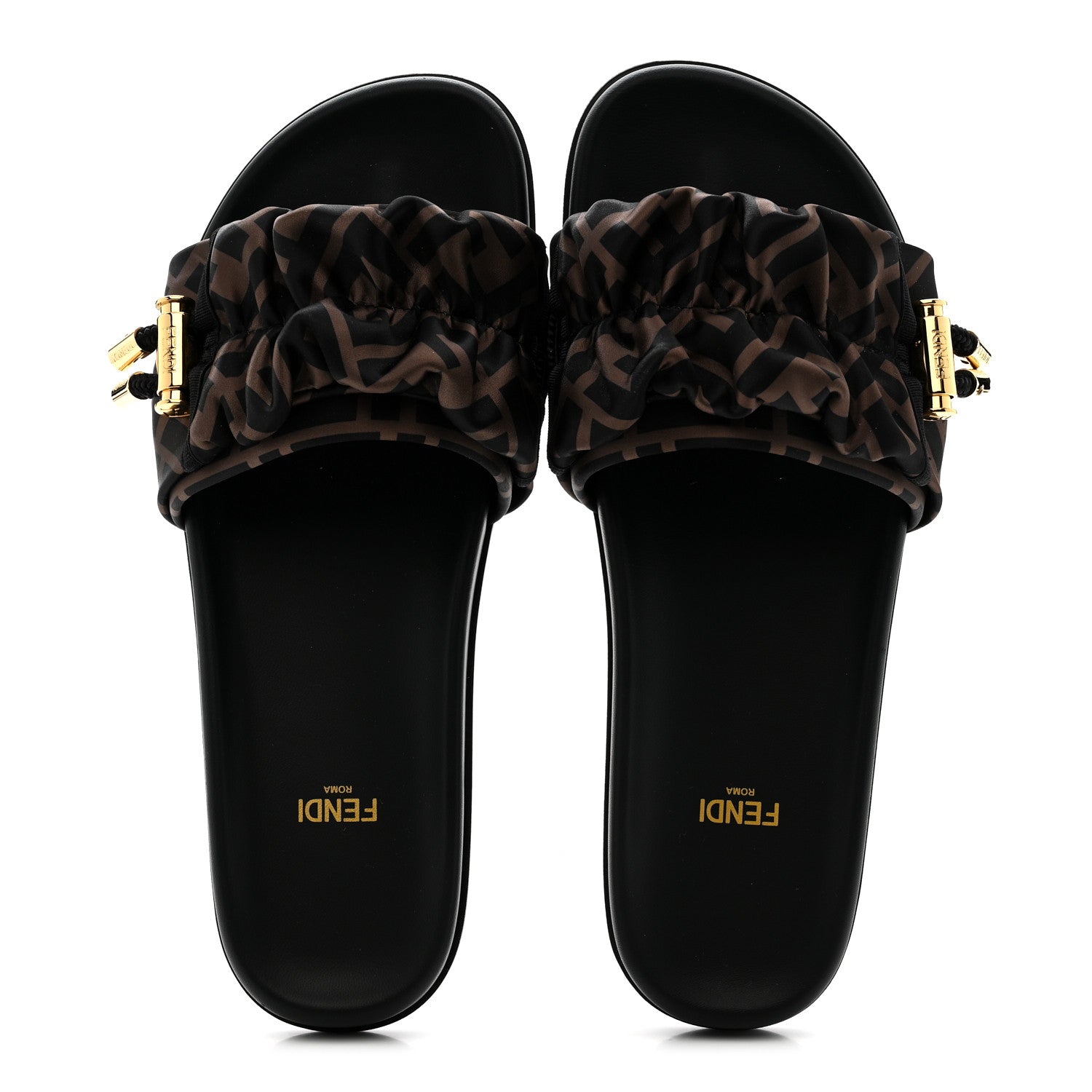 Fendi Satin FF Fendi Feel Slide Sandals 38 Tobacco Black 1877850