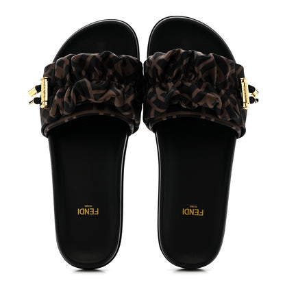 Fendi Satin FF Fendi Feel Slide Sandals 38 Tobacco Black 2 of 9