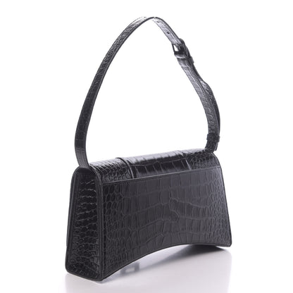 Balenciaga Shiny Calfskin Monochrome Crocodile Embossed Small Hourglass Sling Shoulder Bag Black 3 of 9