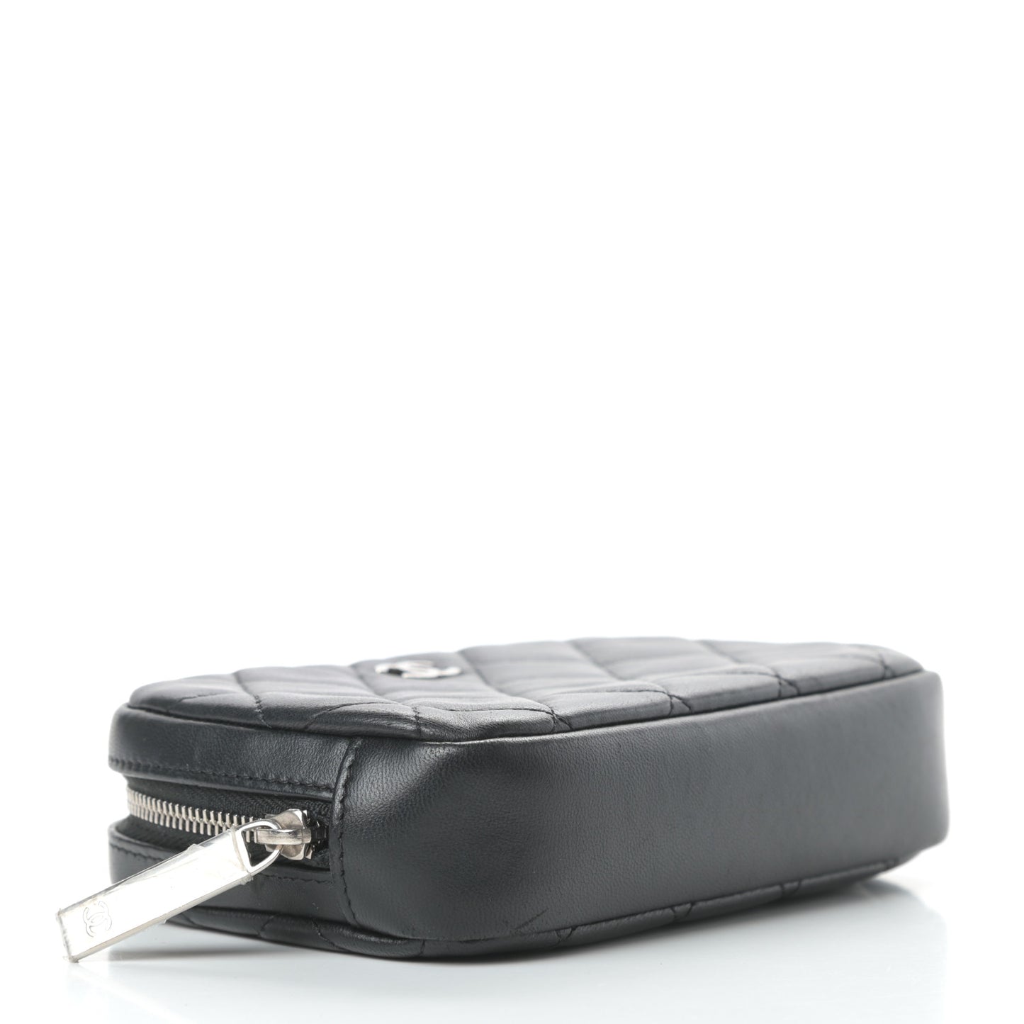 Lambskin Quilted Small Curvy Pouch Cosmetic Case Black