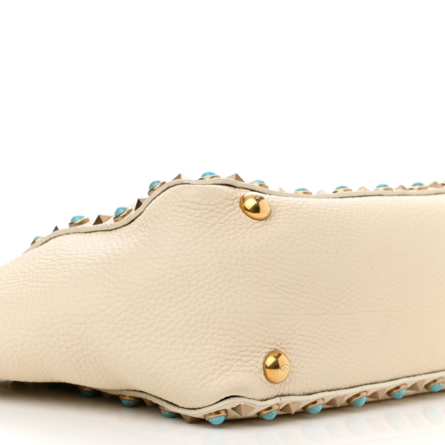 Grained Calfskin Turquoise Small Rockstud Rolling Tote Light Ivory