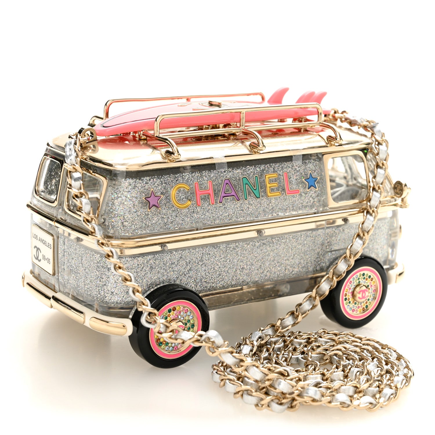 Chanel Plexiglass Crystal Glitter Los Angeles Mini Van Minaudiere Silver Gold Pink 3 of 12