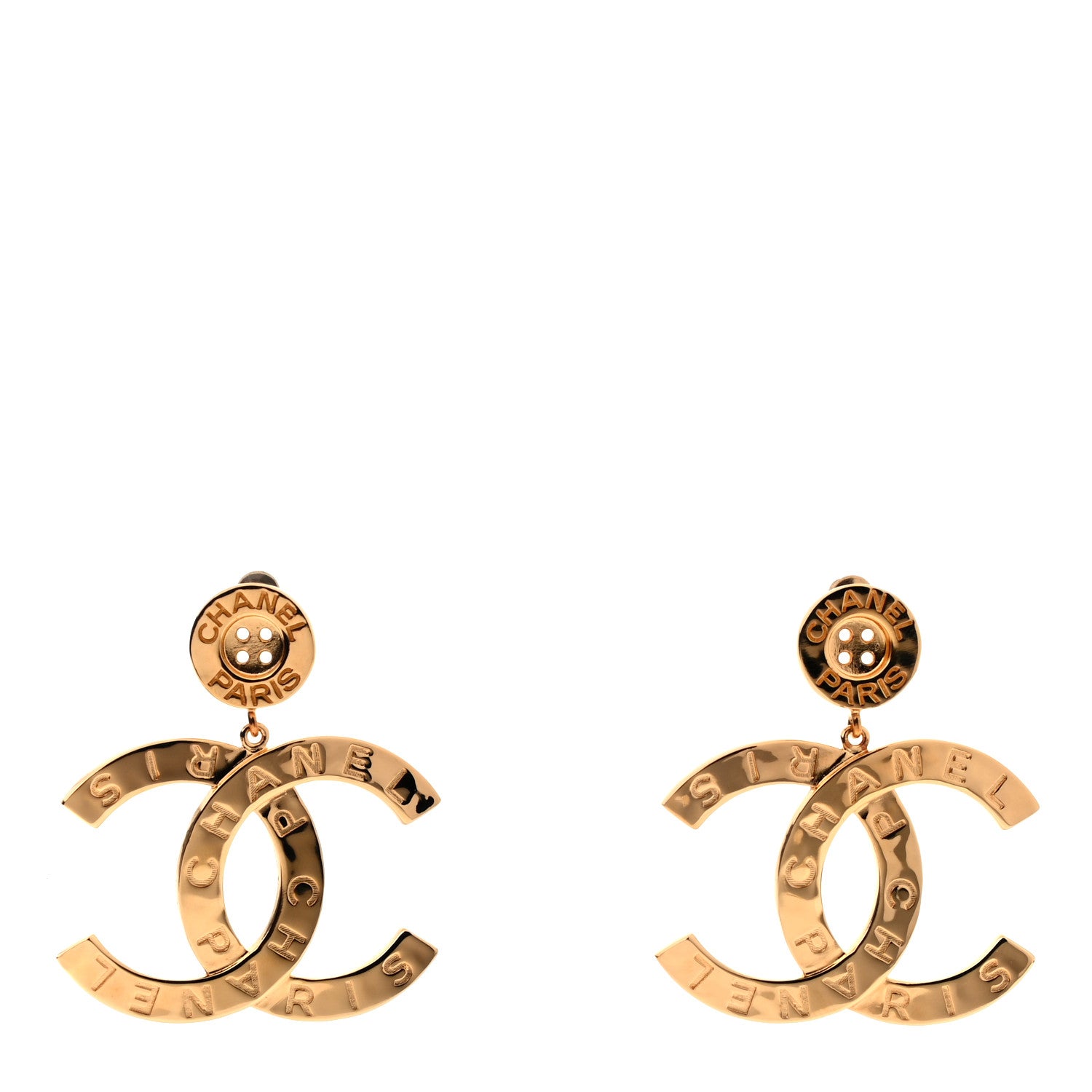 Chanel Metal Large Paris Button Earrings Gold 1 of 3
