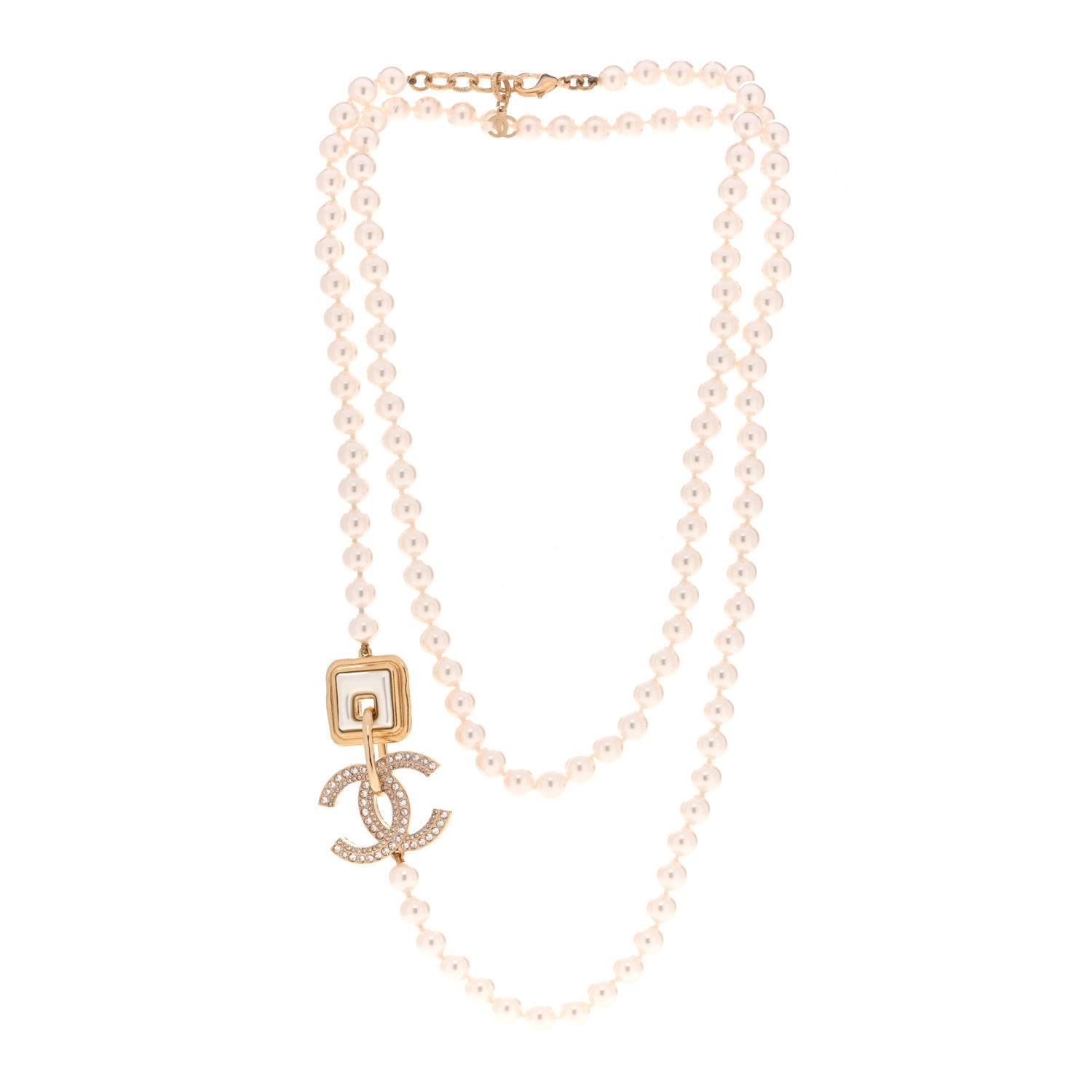 Chanel Pearl Crystal CC Square Long Necklace Gold Pearly White 3 of 6