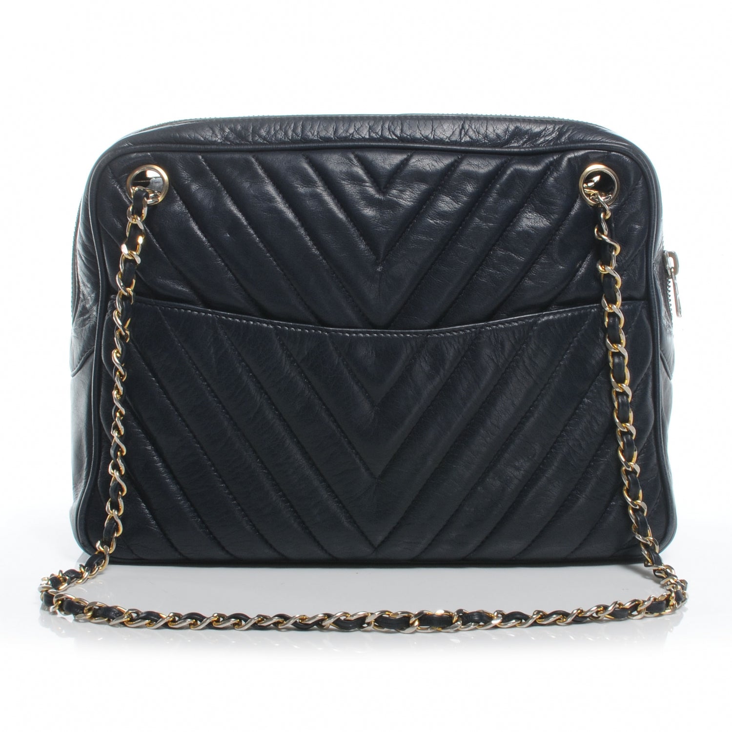 Chanel Lambskin Chevron Quilted Camera Case Navy 1 of 7