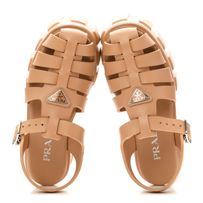 Prada Foam Rubber Metal Triangle Logo Monolith 55mm Cage Sandals 37 Barley 2 of 9