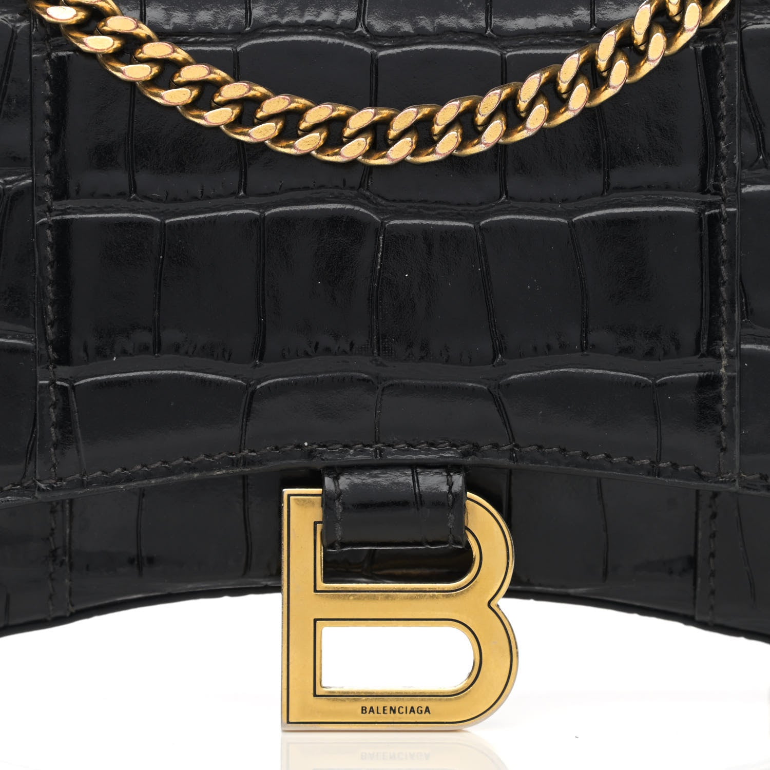 Balenciaga Shiny Calfskin Crocodile Embossed Hourglass Chain Bag Black 6 of 11