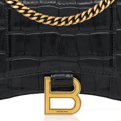 Balenciaga Shiny Calfskin Crocodile Embossed Hourglass Chain Bag Black 6 of 11