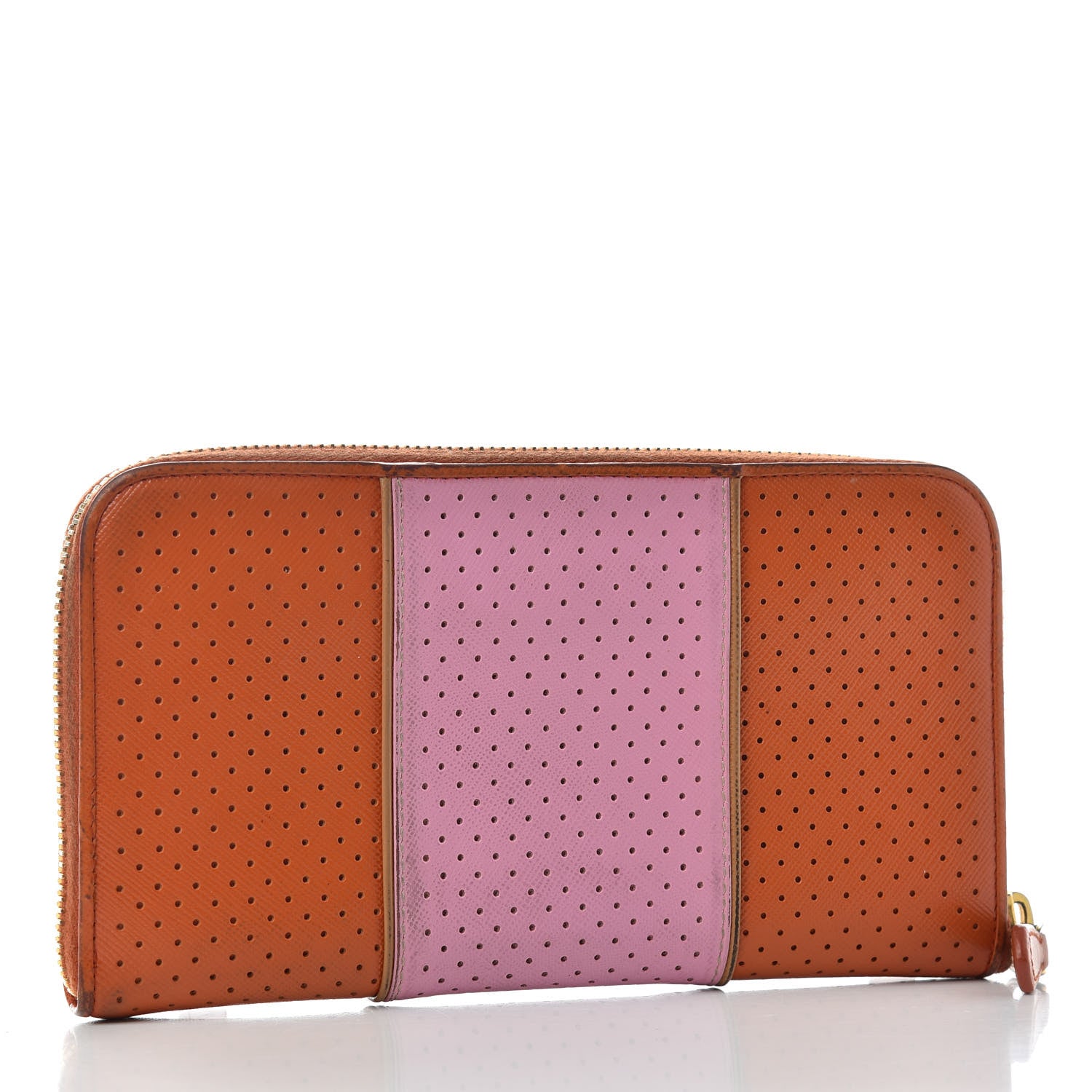 Prada Saffiano Perforated Striped Zip Around Wallet Papaya Caramel 3 of 6