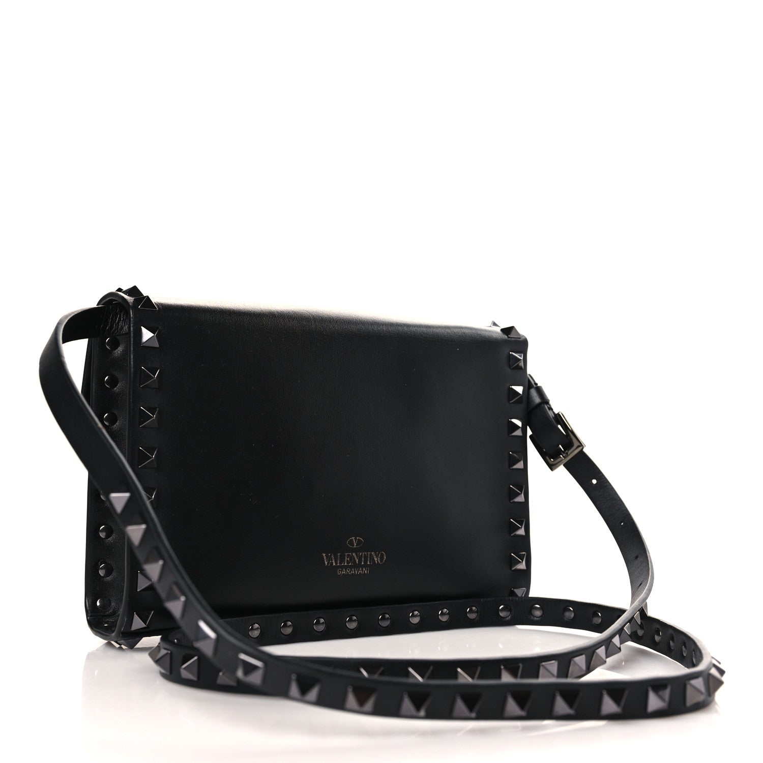 Valentino Garavani Vitello Monochrome Mini Rockstud Flap Wallet on Strap Black 3 of 8