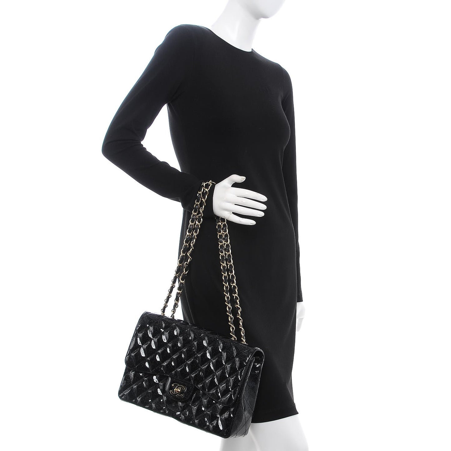 Patent Quilted Sparkle Glitter Jumbo Single Flap Black